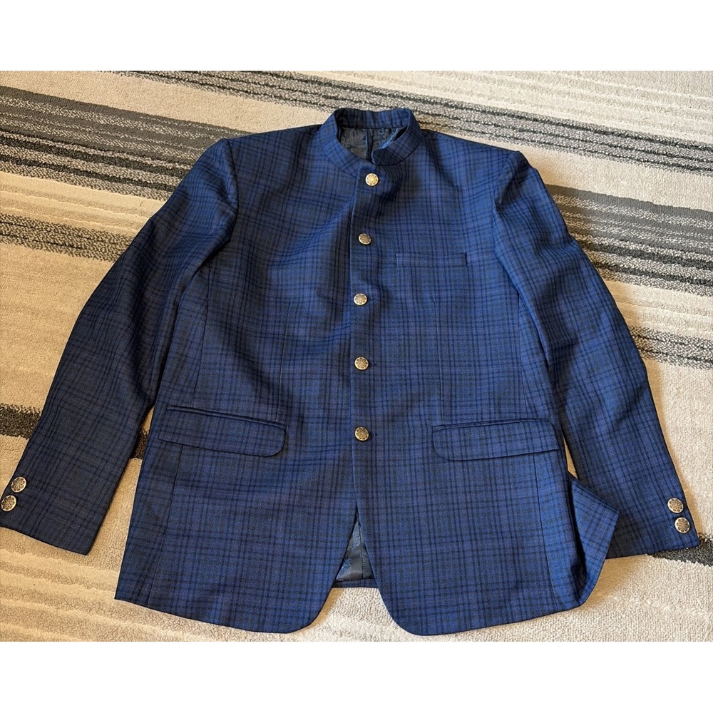 French Crown Mens Blue Plaid Bandhgala Jodhpuri Mandarin Jacket Blazer Sz 44